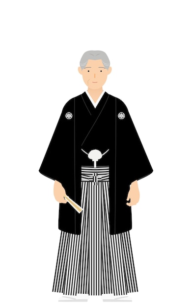 Vektor ein älterer mann im kimono, der eine hakama-pose mit haube und einem fächer trägt