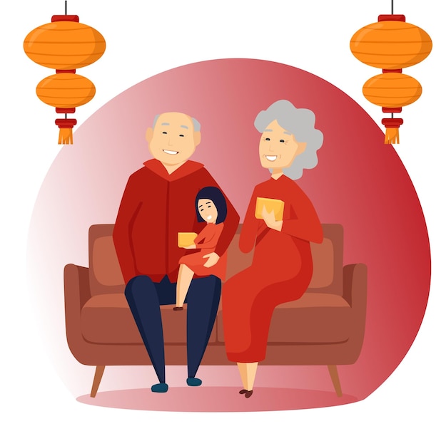Ein älteres Ehepaar und eine Enkelin sitzen mit Geschenken auf dem Sofa