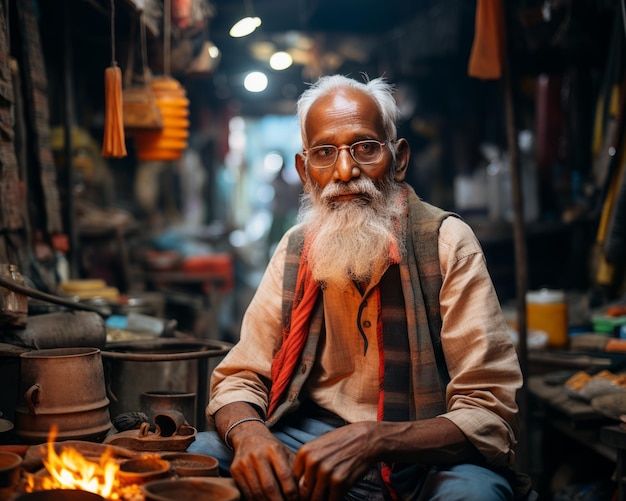 Vektor ein alter indischer mann sitzt vor seiner töpferei