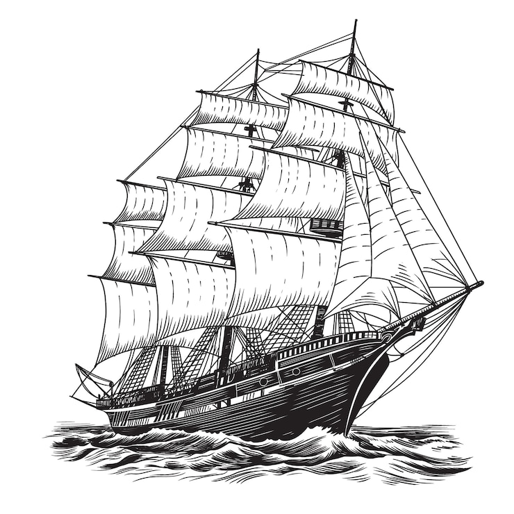 Vektor ein altes segelschiff auf den wellen des meeres vektorzeichnung isoliert auf weißem hintergrund