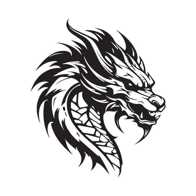 Ein altes und mächtiges Symbol der Mythologie ein schwarzes Vektor-Tattoo-Design zeigt den Kopf eines Drachen