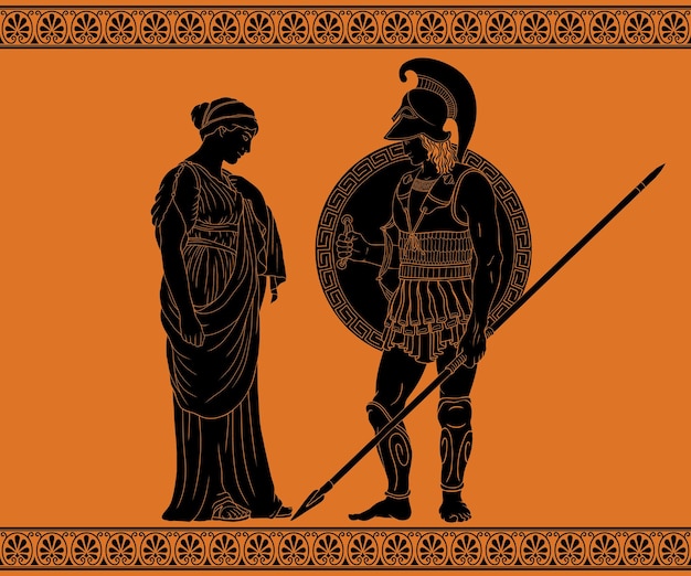 Ein altgriechischer Krieger mit einem Speer in der Hand und einem Helm auf dem Kopf spricht mit einer Frau in einer Tunika