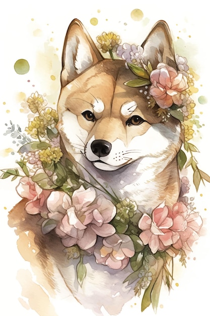 Ein aquarell eines shiba-inu-hundes mit blumen auf seinem gesicht.