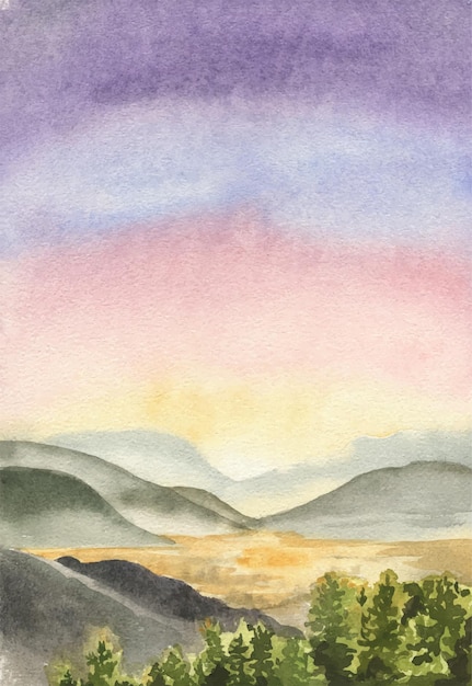 Vektor ein aquarellbild einer berglandschaft mit einem sonnenuntergang im hintergrund.