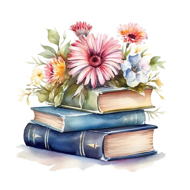 Vektor ein aquarellgemälde eines stapels bücher mit blumen darauf.