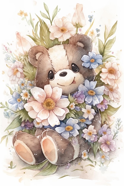 Ein Aquarellgemälde eines Teddybären mit Blumen.