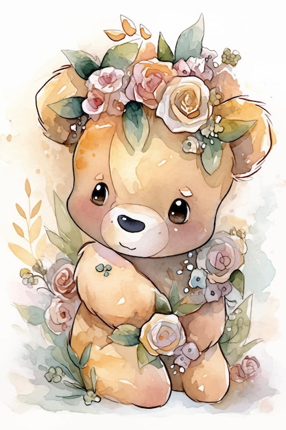 Ein Aquarellgemälde eines Teddybären mit Blumen.