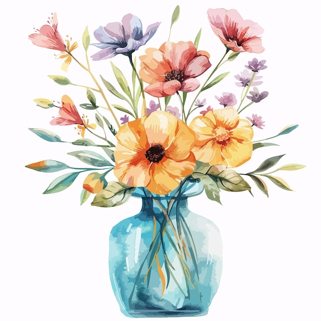 ein Aquarellgemälde von Blumen in einer blauen Vase