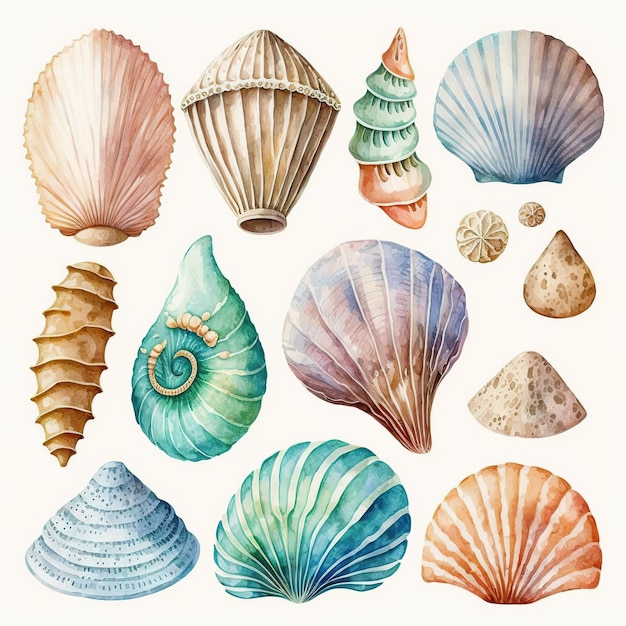 Ein aquarellgemälde von muscheln aus dem meer.