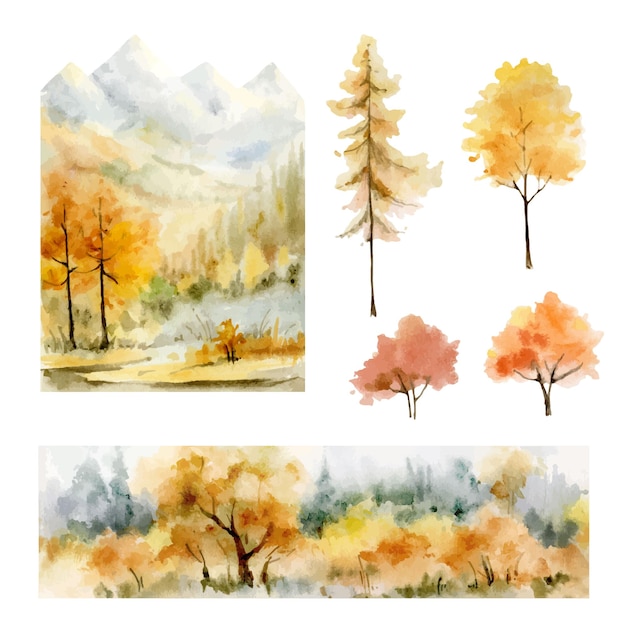 Ein Aquarellvektorsatz des Herbstwaldhintergrundes und -bäume