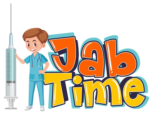 Ein arzt, der eine impfstoffspritze mit dem logo der jab time-schriftart hält