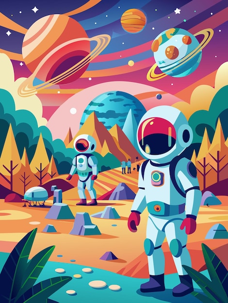 Vektor ein astronaut schwebt in der weite des weltraums vor einem malerischen hintergrund von fernen planeten und n