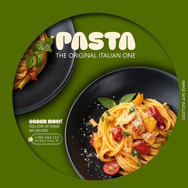 Ein auffälliges, grünes Anzeigendesign für ein italienisches Pasta-Restaurant.
