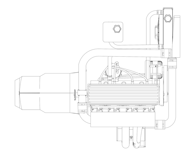 Ein aufgeladener Vierzylinder-Hochleistungsmotor für einen Sportwagen. Vektor-Schwarz-Weiß-Illustration mit einem Strich von Konturen von Details.