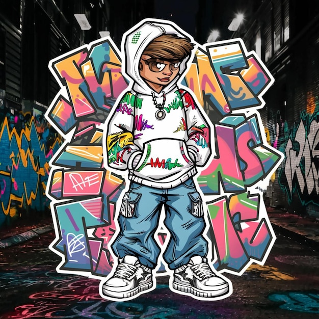 Vektor ein aufkleber eines jungen, der einen hoodie und einen graffiti-hintergrund mit dem wort 