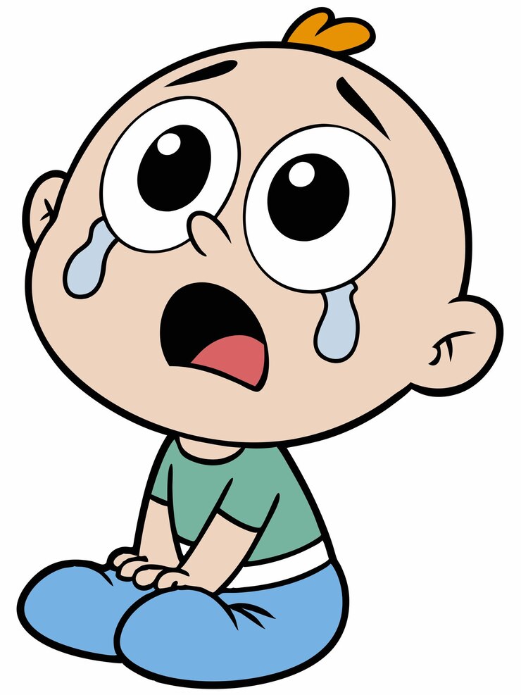 ein Baby mit einer gebrochenen Nase und ein Zeichentrickfilmbild von einem weinenden Baby