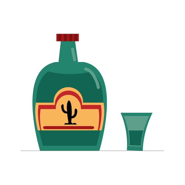 Ein beispiel für eine doodle-flasche tequila und ein mexikanisches alkoholgetränk