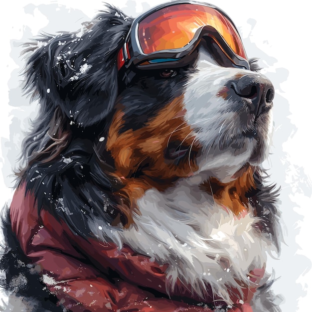 Ein Berner Berghund mit Skibrille im Winter Isolierte Bilder Weißer Hintergrund