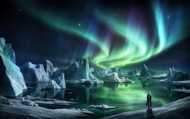 ein Bild einer Aurora mit einem Mann, der im Vordergrund steht