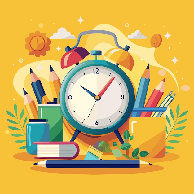 ein Bild einer Uhr mit einem Bleistift und Bleistiften im Hintergrund