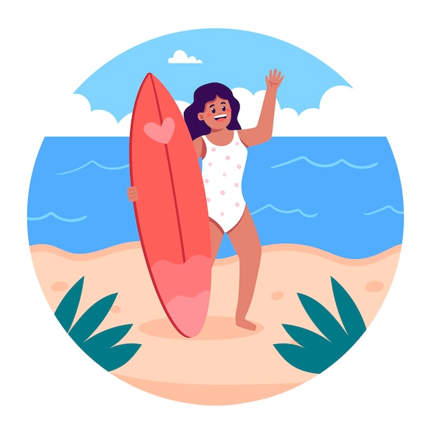 ein Bild eines Mädchens, das ein Surfboard an einem Strand hält