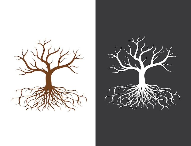 Vektor ein blattloser baum mit wurzeln
