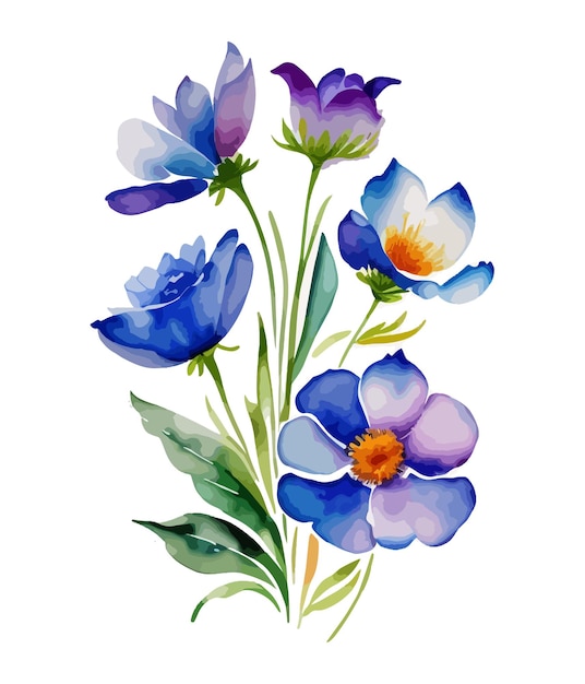 Ein blauer Blumenstrauß mit Blättern und Blüten.
