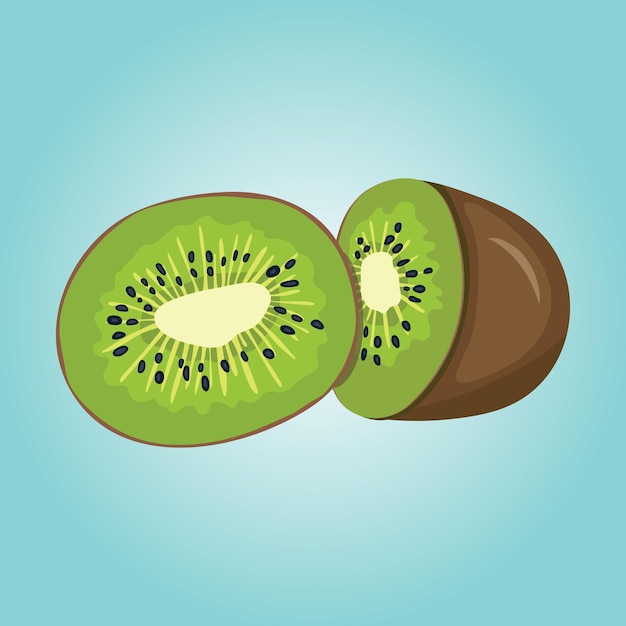 Ein blauer Hintergrund mit einer in zwei Hälften geschnittenen Kiwi-Frucht.