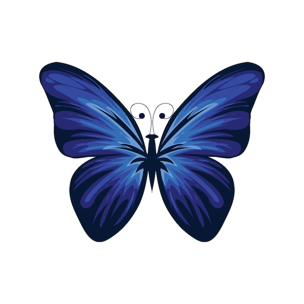 Ein blauer Schmetterling mit schwarzem Umriss und dem Wort „Butterfly“ auf der Vorderseite.