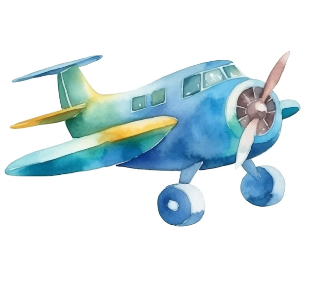 Vektor ein blaues flugzeug mit propeller ist in aquarell gemalt.