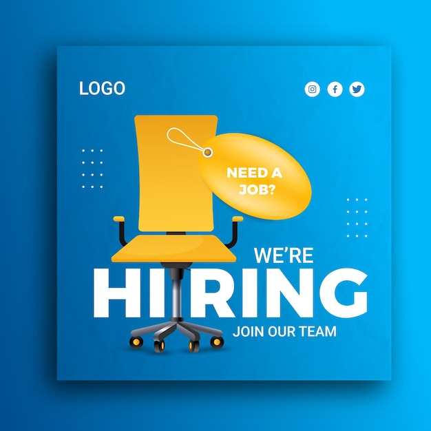 Ein blaues Plakat mit einem gelben Stuhl und einem gelben Stuhl mit der Aufschrift „Brauchen Sie einen Job? trete unserem Team bei '