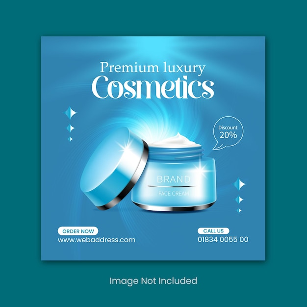 Ein blaues Poster für ein Schönheitsprodukt namens Premium-Luxuskosmetik.