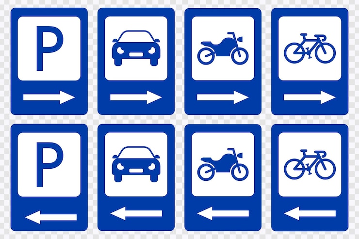 Vektor ein blaues schild mit einem weißen pfeil, der nach rechts zeigt, und die anderen blauen schilder mit den worten motorradfahrer