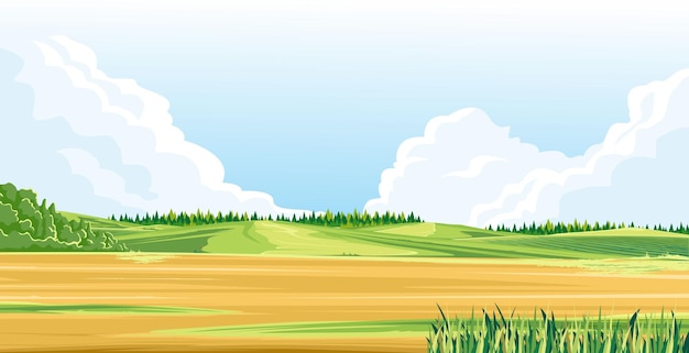 ein Blick auf ein leeres Land mit Gras um es herum und grünen Hügeln und einem hellen blauen Himmel