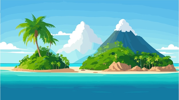 Vektor ein blick auf einen tropischen strand mit grünen bäumen und hohen bergen mit 4k-auflösung für desktop und pc