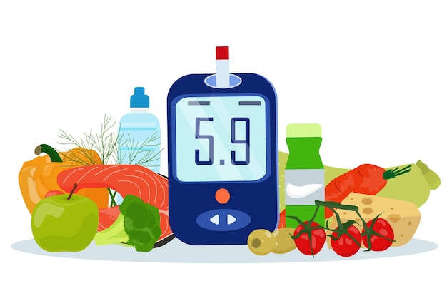Vektor ein blutzuckermessgerät und eine reihe von produkten. diätetische ernährung für menschen mit diabetes.