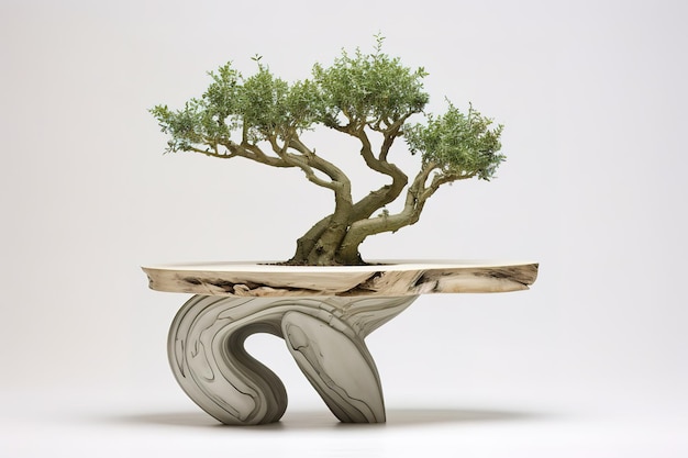 Vektor ein bonsai-baum steht auf einer kleinen schüssel mit einem topf darin