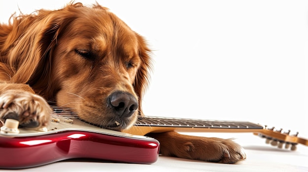 Vektor ein brauner hund liegt neben einer roten gitarre