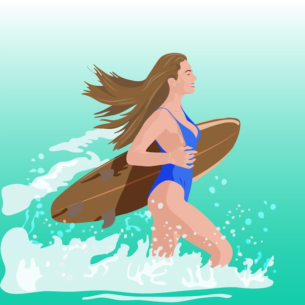 Ein braunhaariges mädchen in einem blauen badeanzug mit einem surfbrett läuft ins meer