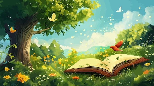 ein Buch auf den Seiten eines Buches über Gras im schönen Dschungel Kinderbuch Illustration