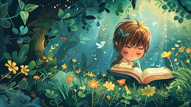 ein Buch mit einem Mädchen, das ein Buch im Gras liest