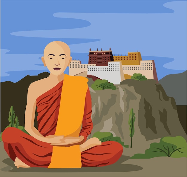 Vektor ein buddhistischer tibeterischer mönch meditiert mit einem kloster auf einem berg