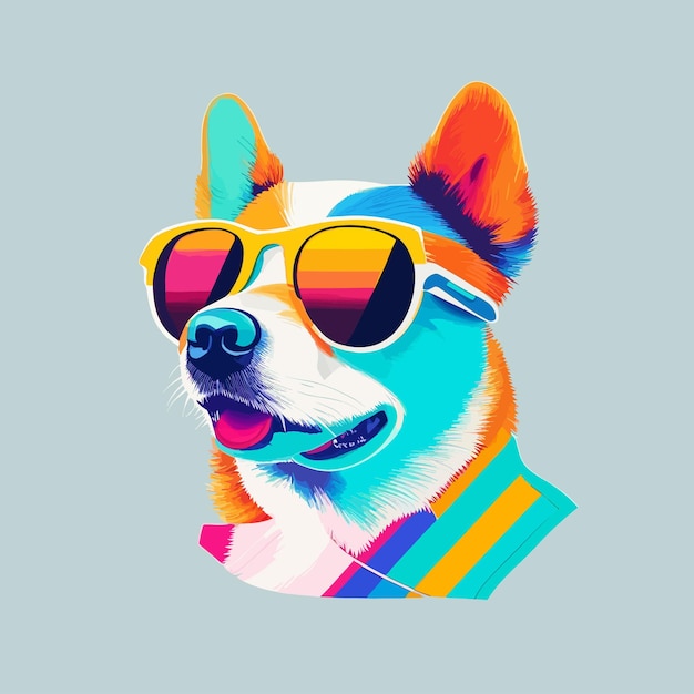 Ein bunter Hund mit Sonnenbrille auf dem Kopf