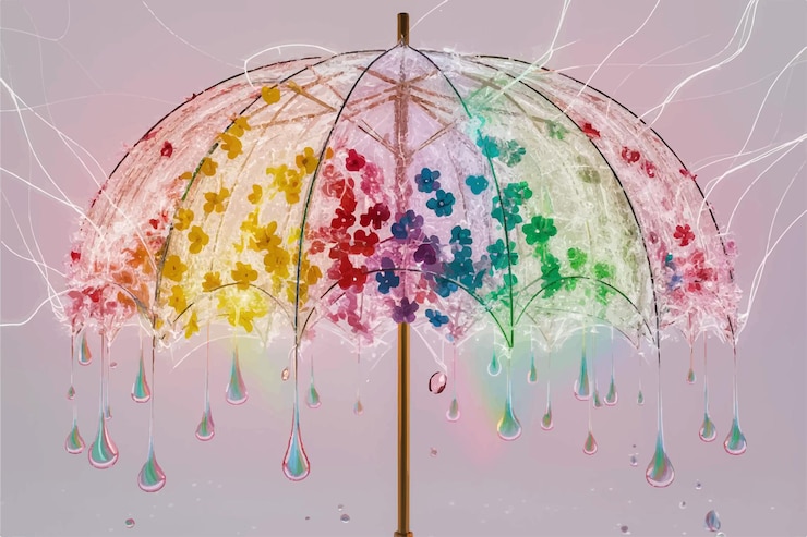Vektor ein bunter regenschirm mit dem wort regen darauf