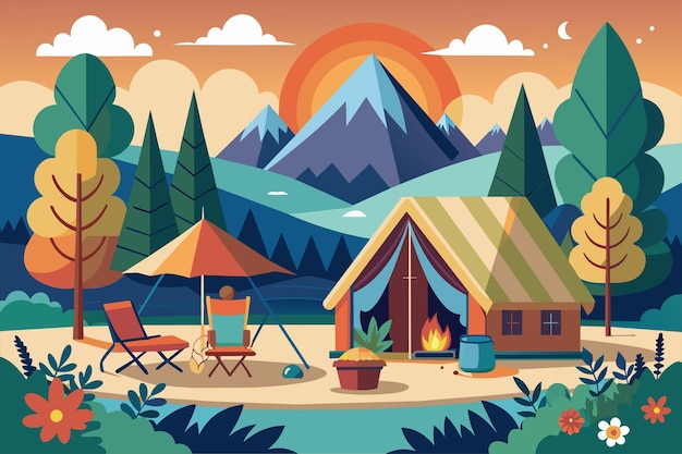 Vektor ein campingplatz mit zelt und stühlen für die unterkunft im freien, der die auswirkungen der ki auf die gesellschaft veranschaulicht