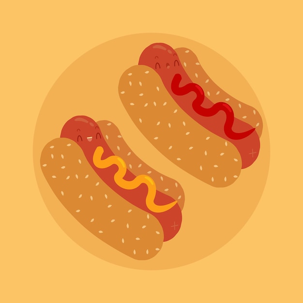 Vektor ein cartoon-bild von hotdogs mit senf und ketchup