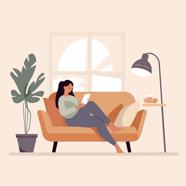 Ein cartoon einer frau auf einem sofa im stil minimalistischer naturstudien