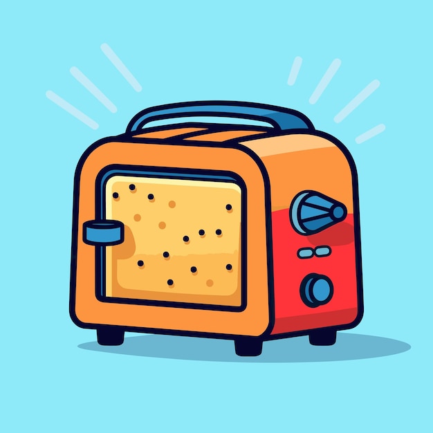 Ein cartoon eines toasters mit blauem hintergrund und einem gelben toaster darauf.