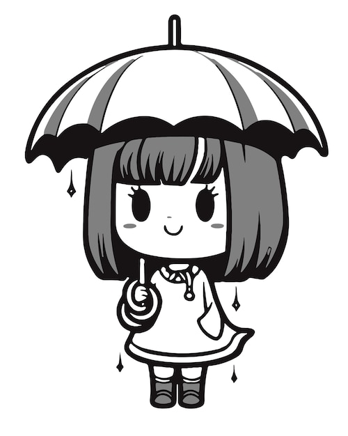 Ein Cartoon-Mädchen mit Regenschirm im Regen.