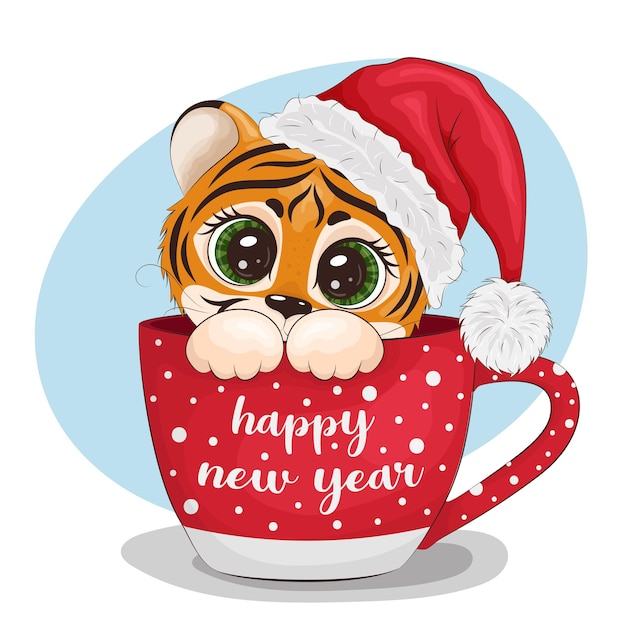 Vektor ein cartoon-tiger, der einen weihnachtsmann-hut trägt, sitzt in einer tasse. frohes neues jahr-schriftzug. grußkarte, drucken. vektorabbildung eps10.